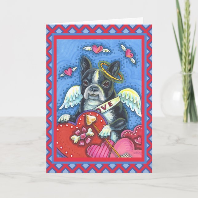 TARJETA FESTIVA BOSTON TERRIER BLANCO CUPIDO, CORTAR VALENTINA DE  (Anverso)