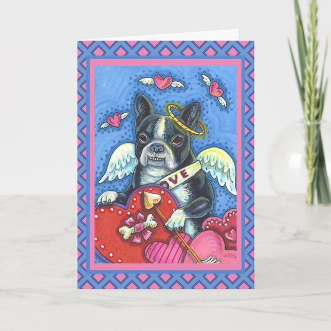 TARJETA FESTIVA BOSTON TERRIER BLANCO CUPIDO, CORTAR VALENTINA DE  (Anverso)