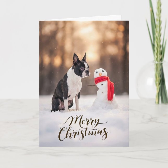 Tarjeta Festiva Boston Terrier Christmas Snowman (Anverso)