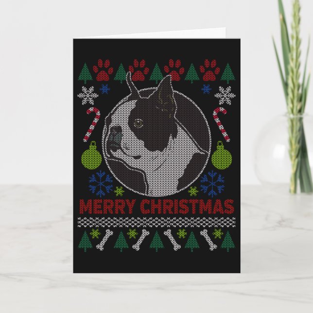 Tarjeta Festiva Boston Terrier Dog Breed Ugly Christmas Sweater (Anverso)