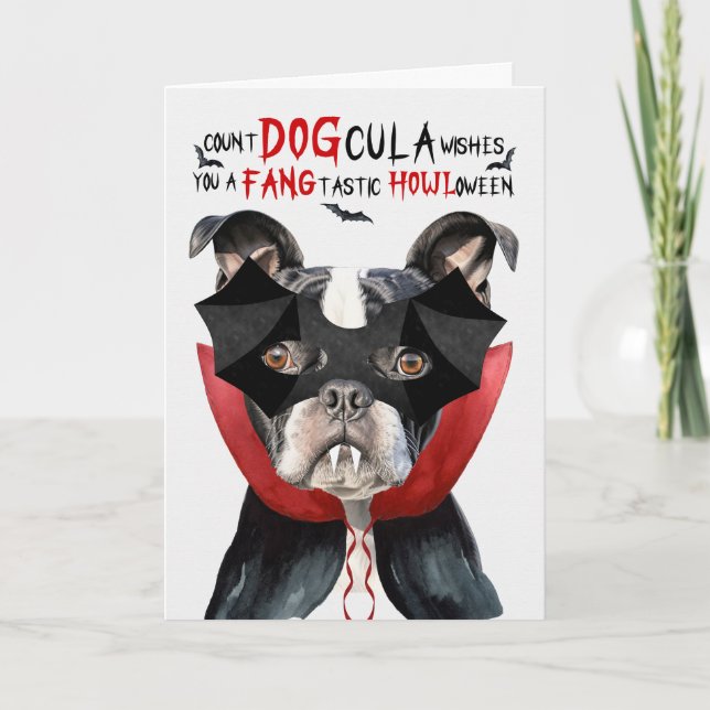 Tarjeta Festiva Boston Terrier Dog Funny Count DOGcula Halloween (Anverso)