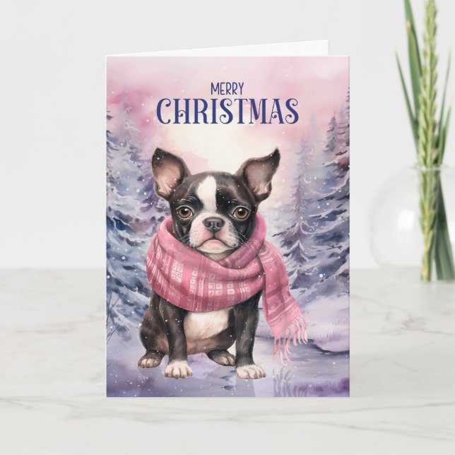 Tarjeta Festiva Boston Terrier Dog Merry Christmas Pink Forest (Anverso)