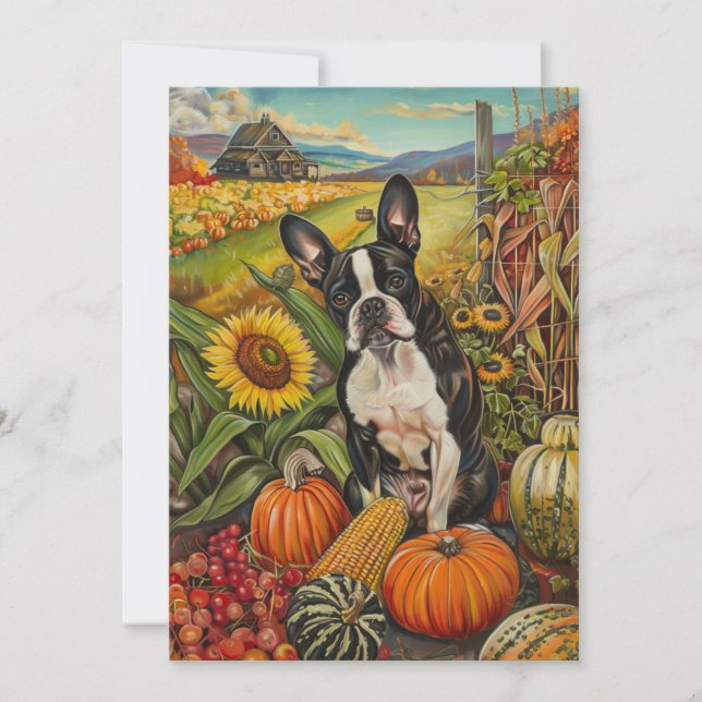 Tarjeta Festiva Boston Terrier Dog Otumn Harvest Acción de Gracias (Anverso)