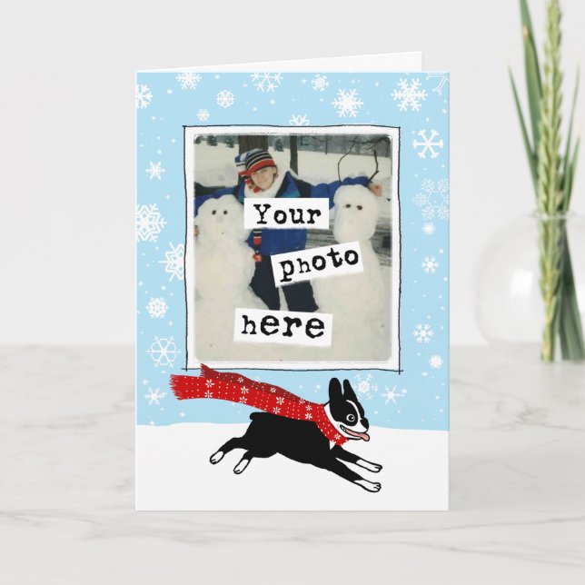 Tarjeta Festiva Boston terrier en los Navidades de fotos de la nie (Anverso)