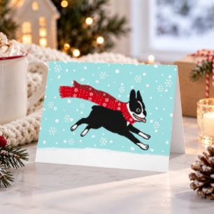 Tarjeta Festiva Boston Terrier Invierno Nieve Perro Felices Fies