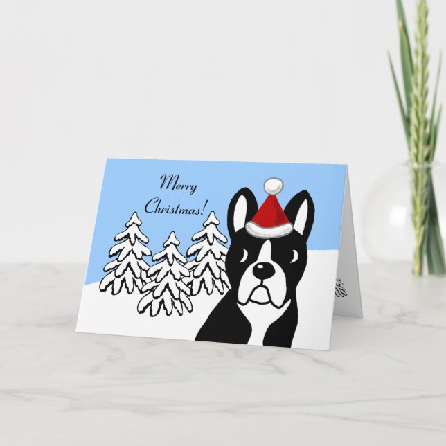 Tarjeta Festiva Boston Terrier Navidades Personalizado Snow Woods (Anverso)