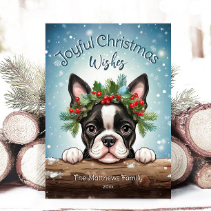 Tarjeta Festiva Boston Terrier Winter Wonderland Joyful Navidades