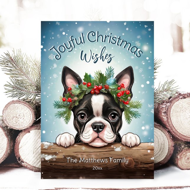 Tarjeta Festiva Boston Terrier Winter Wonderland Joyful Navidades (Adorable Winter Snowy Scene With Peeking Dogs or Farm/Woodland Animals - Over 50 to Choose From!)