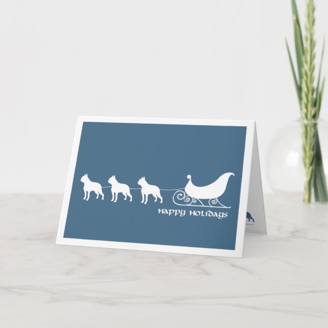 Tarjeta Festiva Boston Terriers sacando el Sleigh de Santa María (Anverso)