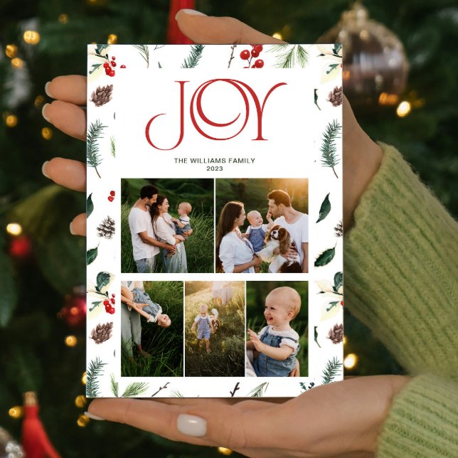 Tarjeta Festiva Botánica de Joy Rojo Berry moderno 5 Navidades de  (Spread some cheer and share your favorite moments with this one-of-a-kind holiday card. )
