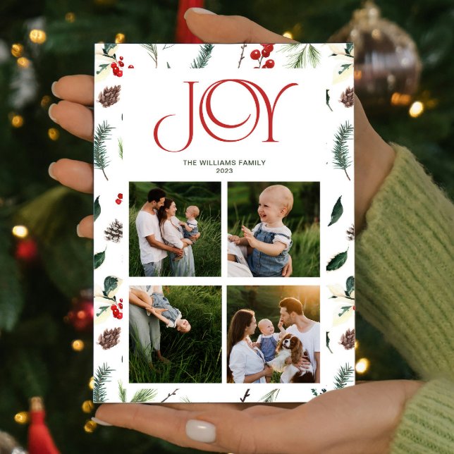 Tarjeta Festiva Botánica de Joy Rojo Berry moderno para 4 Navidade (Spread some cheer and share your favorite moments with this one-of-a-kind holiday card. )