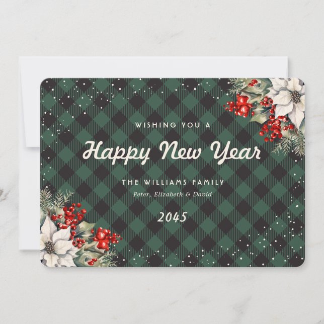 Tarjeta Festiva Botanical Green Plaid Snow New Year Card (Anverso)