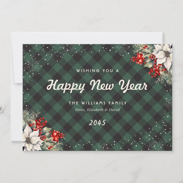 Tarjeta Festiva Botanical Green Plaid Snowflake New Year Card (Anverso)