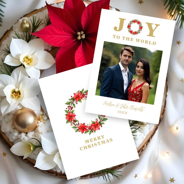 Tarjeta Festiva Botanical Ponsettia Christmas Wreath Photo Family  (Botanical Poinsettias Christmas Wreath Photo Family Holidays Cards with Joy to the World Quote. )