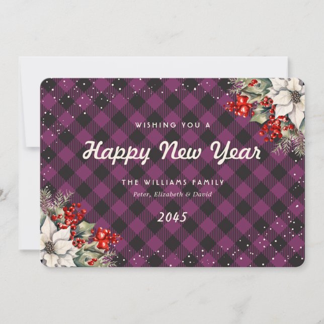 Tarjeta Festiva Botanical Purple Plaid Snow New Year Card (Anverso)