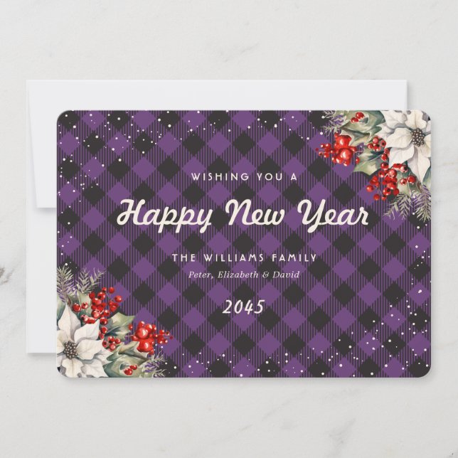 Tarjeta Festiva Botanical Purple Plaid Snow New Year Card (Anverso)