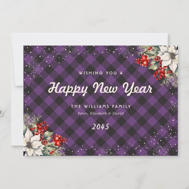 Tarjeta Festiva Botanical Purple Plaid Snowflake New Year Card (Anverso)