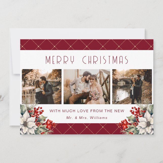 Tarjeta Festiva Botanical Red Merry Christmas Newlywed 3 Photo (Anverso)