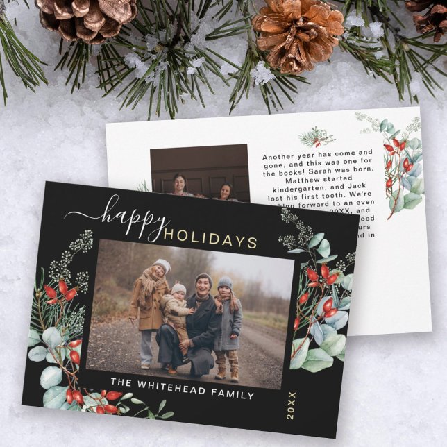 Tarjeta Festiva Botanical Watercolor Greenery Photo Black (Subido por el creador)