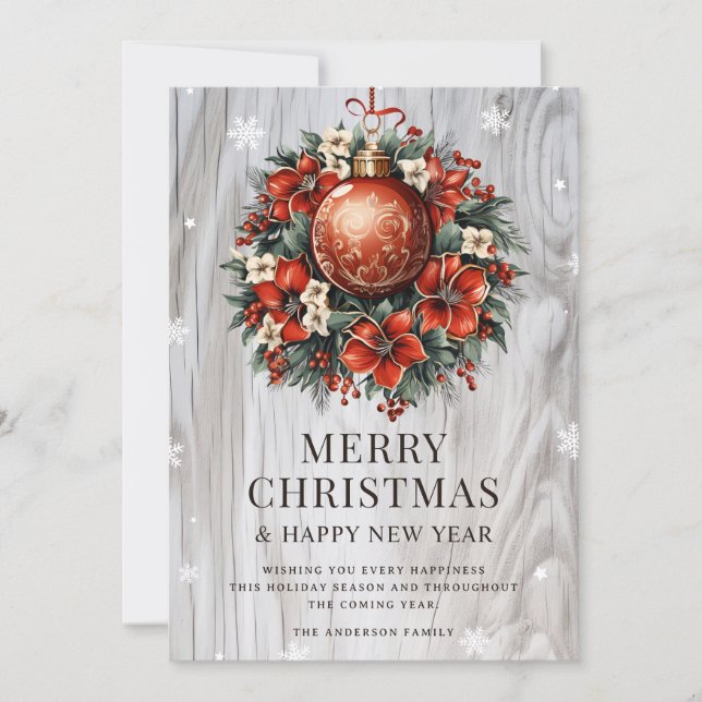 Tarjeta Festiva Botanical Wood Snowflake Ornament Holiday Card (Anverso)