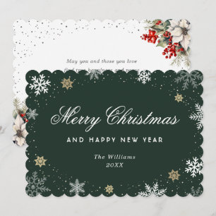Tarjeta Festiva Botánico de Acuarela Copo de Nieve Verde