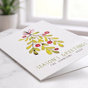 Tarjeta Festiva Botánico de hoja de acuarela Bayas de acebo Navida