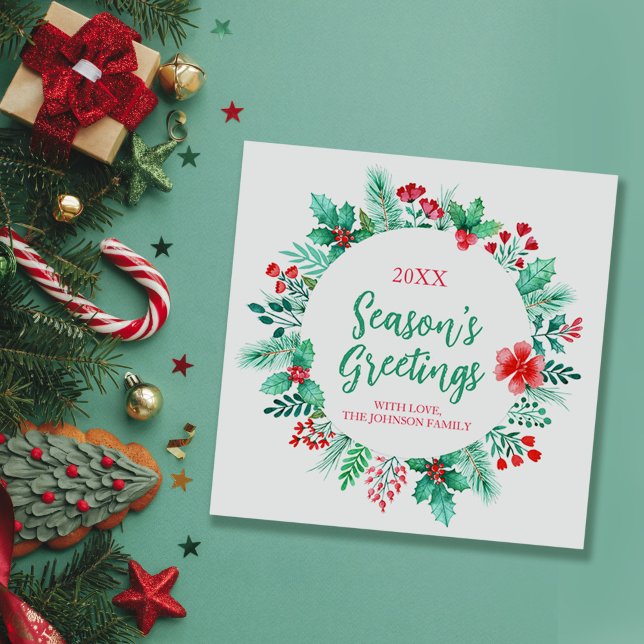 Tarjeta Festiva Botánicos de acuarela pintados a mano con holly (Watercolor Botanicals with Holly + Pine Christmas Holiday Card)