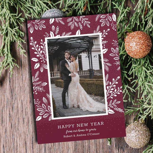 Tarjeta Festiva Botánicos de Año Nuevo felices con foto de Cranber (Happy New Year botanicals on cranberry photo cards - Order INSTANT DOWNLOAD and/or PRINTED or both!)