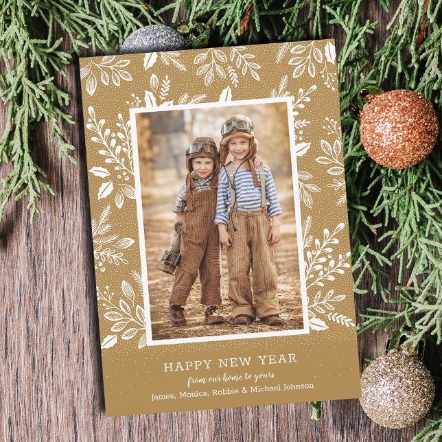 Tarjeta Festiva Botánicos de Año Nuevo felices con foto de oro (Happy New Year botanicals on gold photo cards - Order INSTANT DOWNLOAD and/or PRINTED or both!)