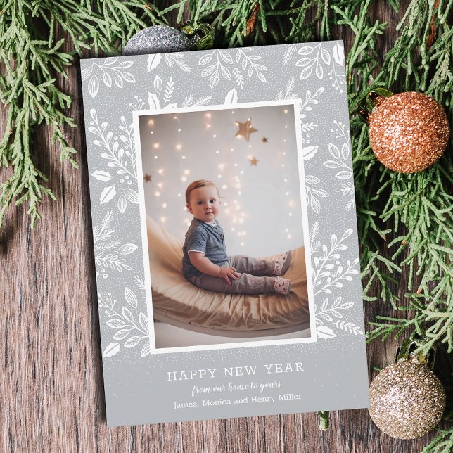 Tarjeta Festiva Botánicos de Año Nuevo felices con foto gris (Happy New Year botanicals on gray photo cards - Order INSTANT DOWNLOAD and/or PRINTED or both!)