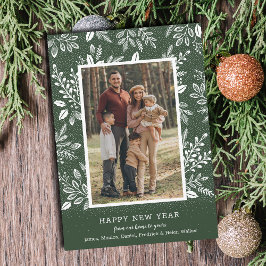 Tarjeta Festiva Botánicos de Año Nuevo felices con foto verde