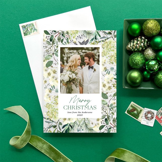 Tarjeta Festiva Botánicos de invierno acuarela 1 fotograma (Pretty watercolor winter botanical Christmas Card by Erika Firm)