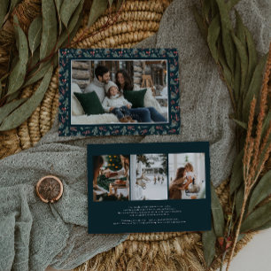 Tarjeta Festiva Botánicos de Invierno Coquette Bow Foto Elegante