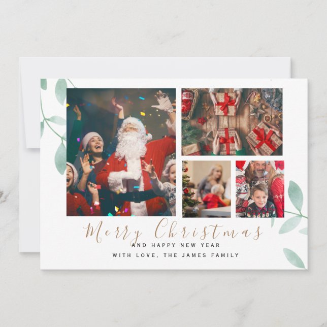Tarjeta Festiva Botánicos de invierno Elegante 4 imágenes Navidade (Anverso)