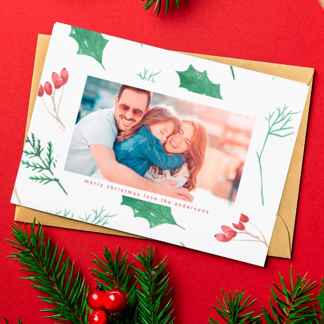 Tarjeta Festiva Botánicos De Navidades Modernos En La Foto De Niev (Subido por el creador)