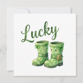 Tarjeta Festiva Botas de duende afortunado acuarela día de San Pat