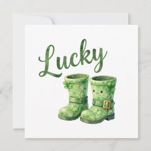 Tarjeta Festiva Botas de duende afortunado acuarela día de San Pat