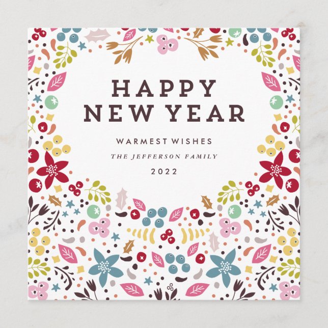 Tarjeta Festiva Bountiful Floral Happy Year texto (Anverso)