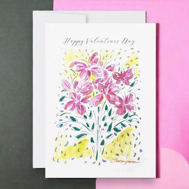 Tarjeta Festiva Bouquet rosado de flores Día de San Valentín (A unique and beautiful watercolor painting for you special person this Valentines Day)