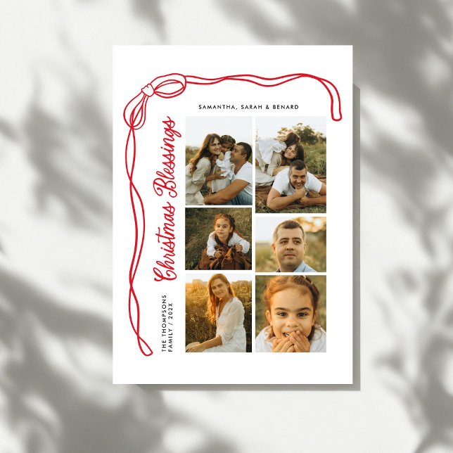 Tarjeta Festiva Bow Christmas Blessings Script Family 6 Photos (Subido por el creador)