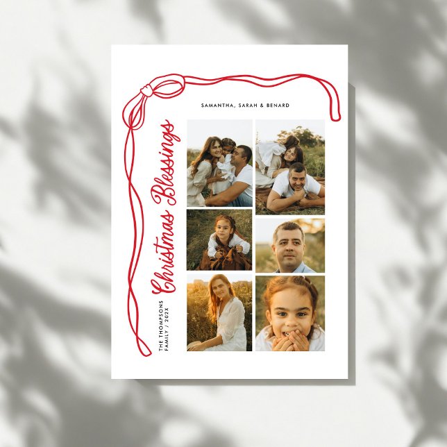 Tarjeta Festiva Bow Christmas Blessings Script Family 6 Photos (Subido por el creador)