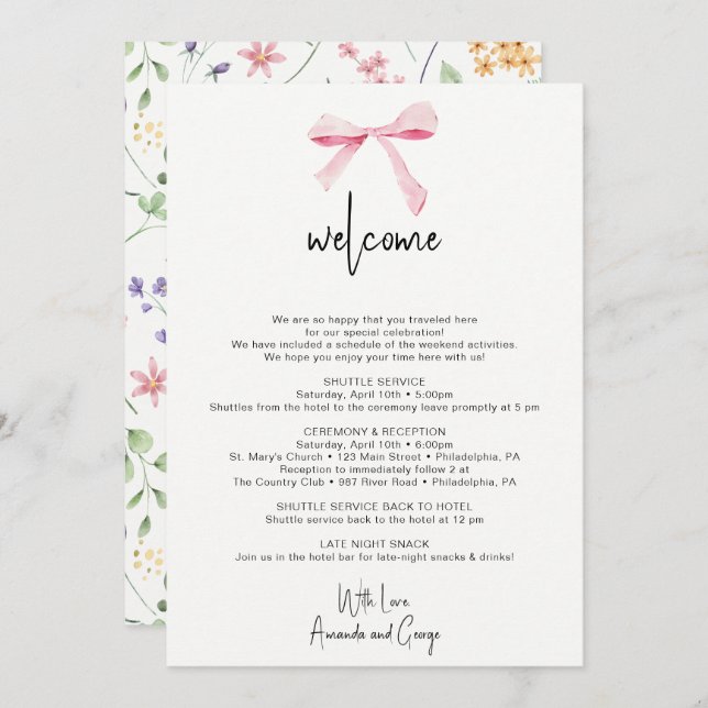 Tarjeta Festiva Bow floral Boda Bag de bienvenida Letra itineraria (Anverso / Reverso)