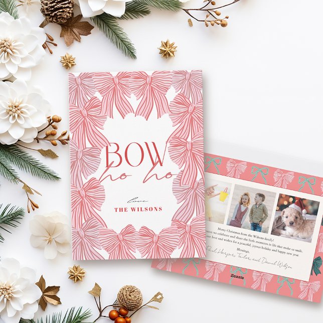 Tarjeta Festiva Bow Ho Ho Red & Pink dobla 3 Navidades de fotos (Subido por el creador)