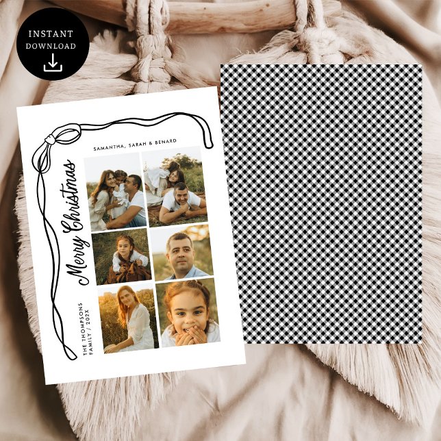 Tarjeta Festiva Bow Merry Christmas Family 6 Photos Plaid (Subido por el creador)