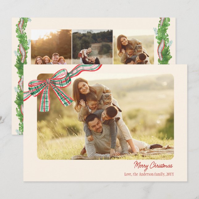 Tarjeta Festiva Bow Navidades rústicos 4 Fotos lazo de goma (Anverso / Reverso)