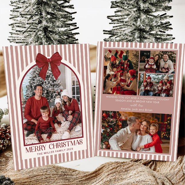 Tarjeta Festiva Bow Stripe Family Photo Christmas Holiday Card (Subido por el creador)