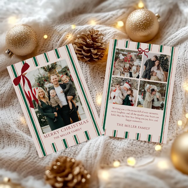 Tarjeta Festiva Bow Stripe Family Photo Christmas Holiday Card (Subido por el creador)