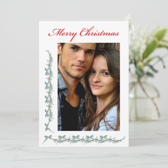 Tarjeta Festiva Bows and Sprigs - Photo & Christmas message (Anverso de pie)