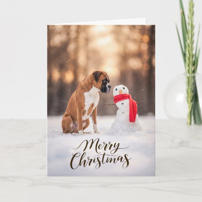 Tarjeta Festiva Boxer Dog Christmas Snowman (Anverso)