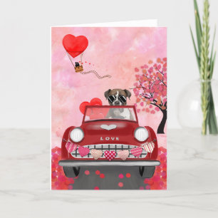 Tarjeta Festiva Boxer Dog Driving Car con Corazones Valentine